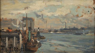 peinture d'une vue d'un port avec des bateaux dans l'eau