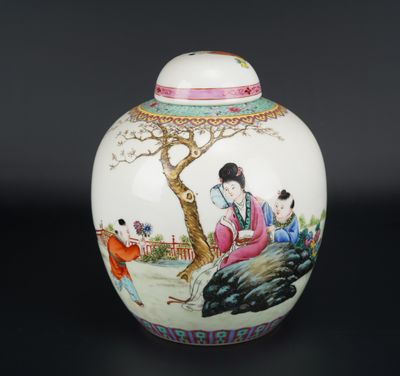 an image of a white vase with a painting of a woman sitting under a tree
