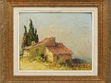 un tableau représentant une maison sur une colline, avec des arbres en arrière-plan