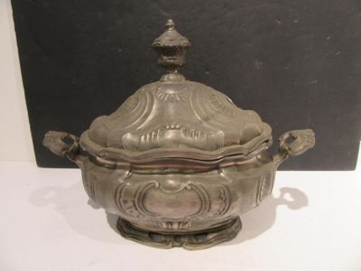 an antique silver plated tureeny dish with lid and handles