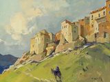 tableau représentant un homme à cheval devant un château situé au sommet d'une colline