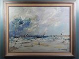 framed oil painting of a beach scene with sailboats in the distance