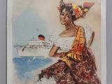 an old poster of a woman in a dress with a cruise ship in the background