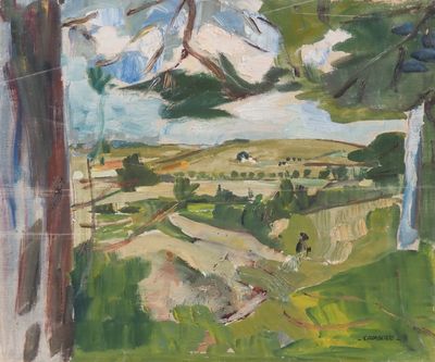 une peinture à l'huile représentant un paysage avec des arbres et une route