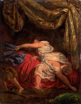 un tableau représentant une femme allongée sur un lit à côté d'un homme