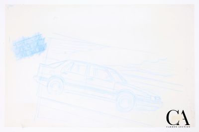 une image représentant un dessin d'une voiture roulant dans une rue