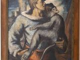 une peinture à l'huile représentant un homme tenant un singe dans ses bras