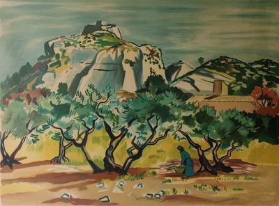 un tableau représentant une femme assise sous un arbre dans le désert