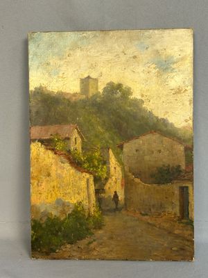 an oil painting of a village scene with a person walking down the street
