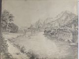 drawing of a river scene with buildings and a bridge in the distance