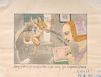 un dessin représentant une femme assise sur une chaise, avec un Cupidon sur ses genoux
