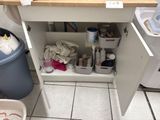 a sink with a trash can and a trash can in it
