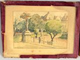 an old picture of a painting of a man walking down a street