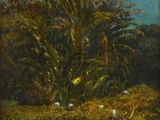 a painting of a man in a canoe in the middle of a field