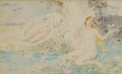 tableau représentant deux nus assis dans l'herbe près d'un plan d'eau