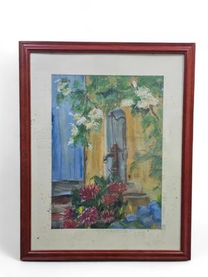 painting of a window and flowers in a vase on a table