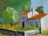 an oil painting of a house and a boat on the water