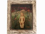 tableau représentant une femme nue dans un champ de fleurs, avec une montagne en arrière-plan
