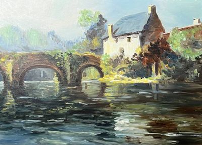une peinture représentant un pont enjambant une rivière, avec un bâtiment en arrière-plan