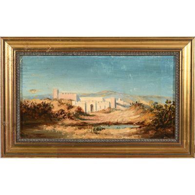 un tableau représentant un paysage désertique avec un château au loin