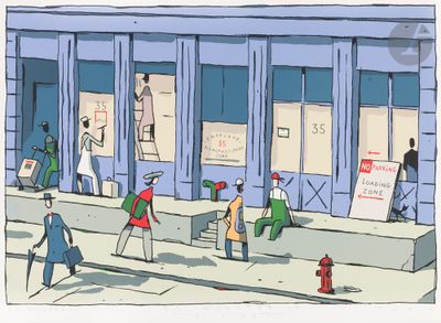 illustration of a group of people walking down a sidewalk in front of a building