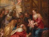un tableau représentant un groupe de personnes dans une pièce avec un bébé