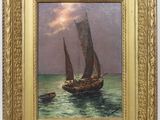 an image of a painting of a sailboat in the middle of a body of water