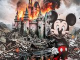 mickey mouse in front of a castle with a fire in the background