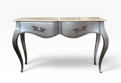 an image of a small table with two drawers and a marble top
