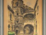 peinture représentant un vieux bâtiment avec une tour horloge en son centre