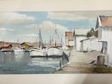 a picture of a painting of boats in a harbor