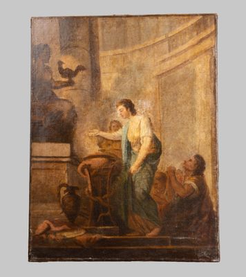 an oil painting of a woman in a room with other people