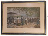 painting of a group of people gathered around a table under a tree