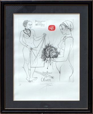 dessin représentant une femme et un homme accompagnés d'un chien en laisse