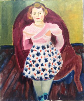 une peinture à l'huile représentant une femme assise sur une chaise, vêtue d'une jupe