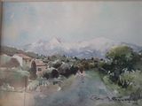 une aquarelle représentant une route avec une montagne en arrière-plan