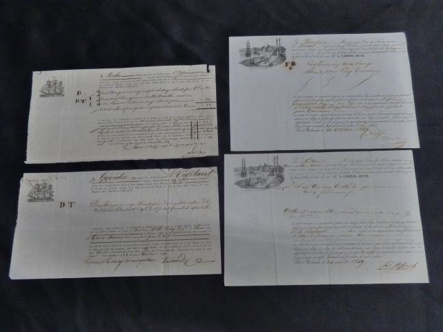 4 connaissements de Bordeaux 1833 et 1849 des timoniers l’Espéran...