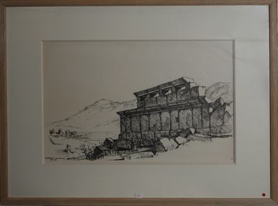 dessin représentant un bâtiment dans un cadre, avec une montagne en arrière-plan