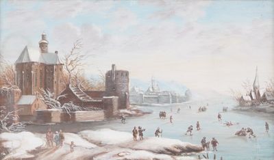 painting of people skating on a frozen river with a castle in the background