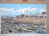 une image d'une peinture de bateaux dans un port