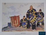 a painting of a group of men dressed in blue and yellow