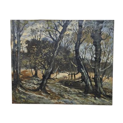 an oil painting of a wooded scene with trees and a bench