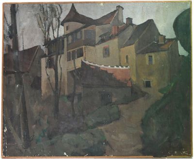 an image of a painting of a street with houses in the background