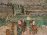 a painting of a group of people riding horses down the street