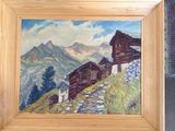 an oil painting of a mountain scene with a house and a cow
