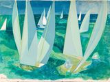 painting of a group of sailboats sailing on a body of water