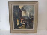 painting of a street scene with people walking down the street