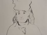 drawing of a woman with a hat on her head and a cat on her head