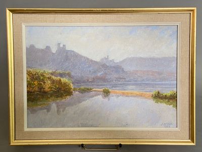 J.PEZANT, Les bords du Rhône, Huile sur panneau de bois, 24 …