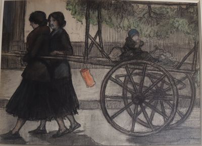 a painting of a woman pulling a carriage with a man on it